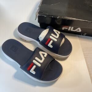 Fila Slide Sandals Navy Blue White Red Logo Comfort Casual Unisex Sz 9